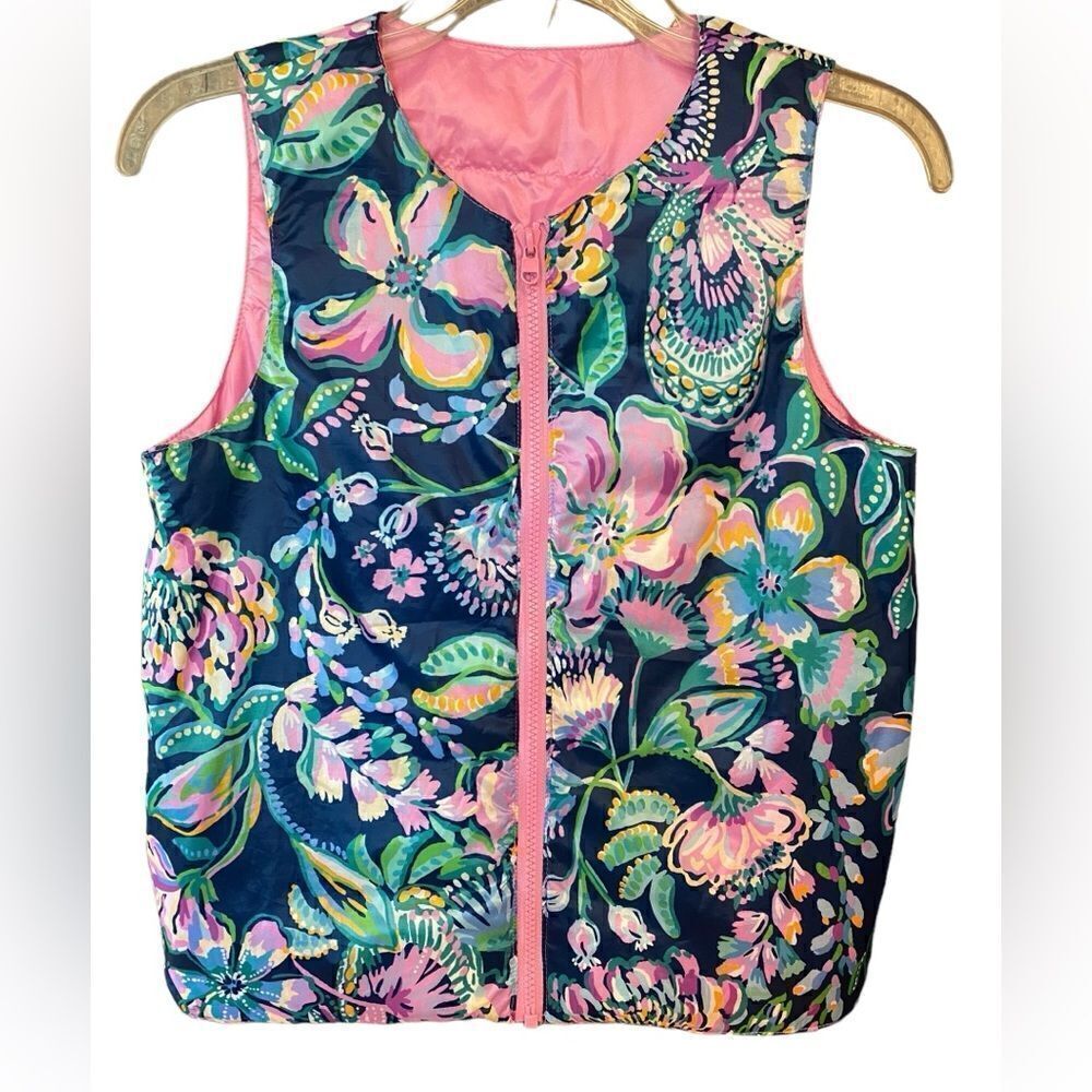 Lilly Pulitzer Sz XL Girls Navy Blue Pink Floral Reversible Zipper Puffer Vest